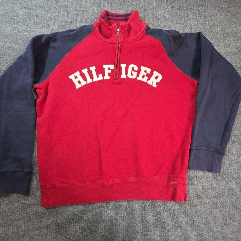 Tommy Hilfiger Sweatshirt Mens XL Red 1/4 Zip Mock Neck Fleece Logo Graphic